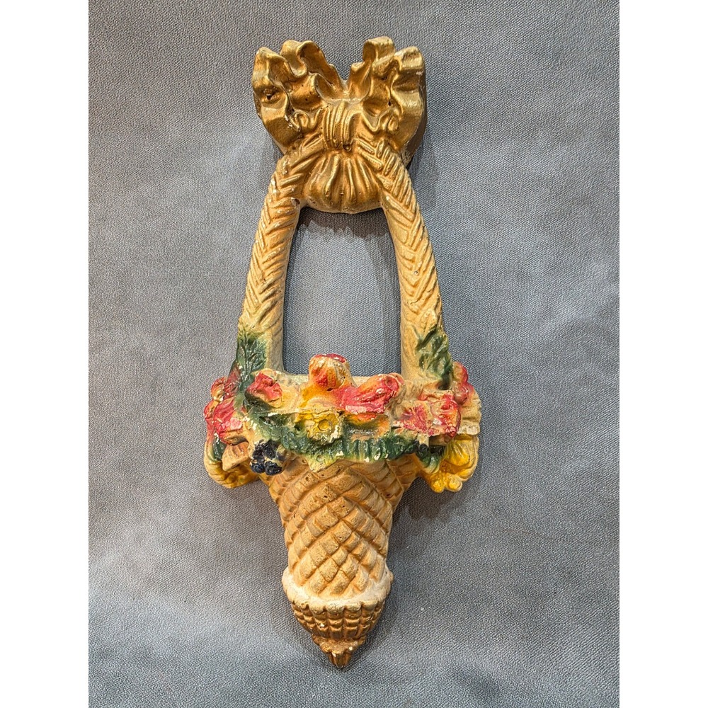 Vintage Chalkware Wall Pocket Planter Basket Floral Gold Bow Mid Century Decor
